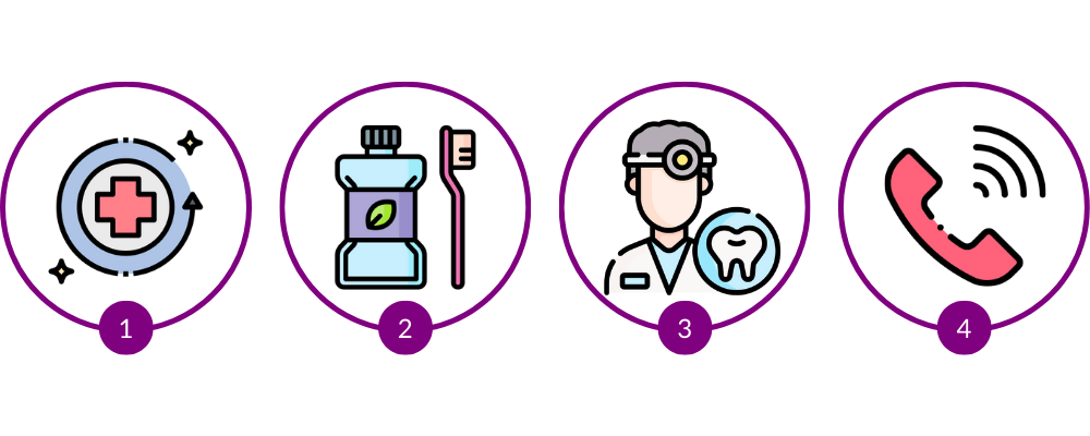 graphics showing medical symbol, mouthwash and toothbrush, a dentist and a phone | Harwood Dental Care Bolton