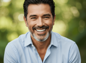 A man smiling with a straight, bright white smile after receiving a smile makeover from Harwood Dental, Bolton.