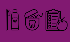 A diagram showing toothpaste, floss and healthy diet
