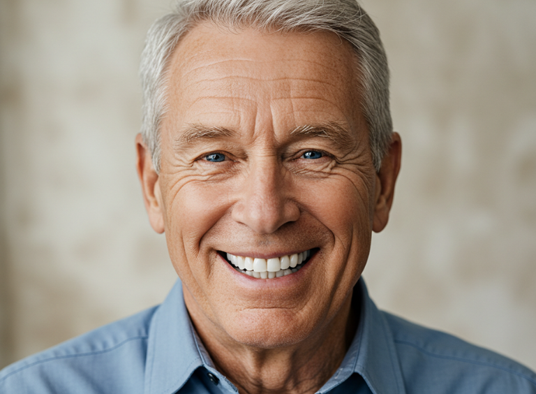 old man smiling with dental implants from Harwood Dental Care
