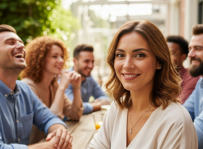 Lady smiling with friends with straight teeth after her invisalign treatment