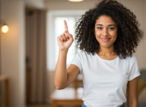 young lady shaking her finger at common misconceptions of invisalign