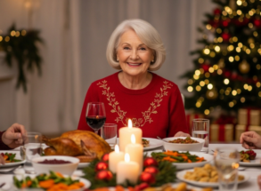 Older lady with implants at the head of the table at christmas