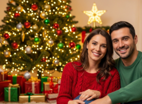 couple sat in front of the christmas tree in the holidays