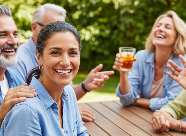 woman smiling with her friends after dental implants